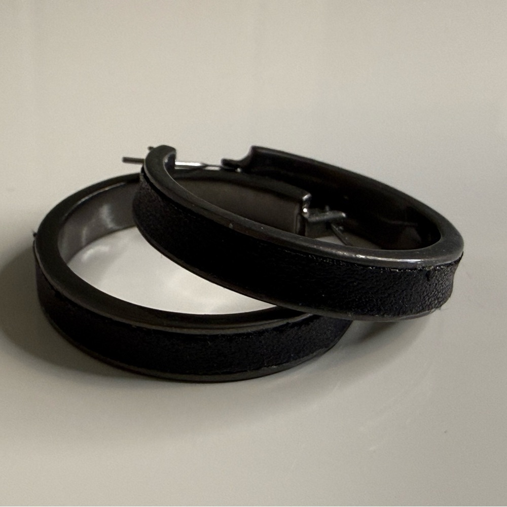 Kenneth Cole Women's Hoop Earrings - Black Leather-Textured Gun Metal